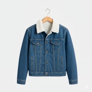 medium wash denim, sherpa lined jacket, kids denim outerwear, classic trucker jacket, warm kids coat, versatile layering, children's winter fashion.