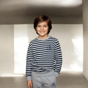 striped sweatshirt set, boys grey loungewear, navy striped top, kids casual tracksuit, comfortable toddler clothes, embroidered logo set.